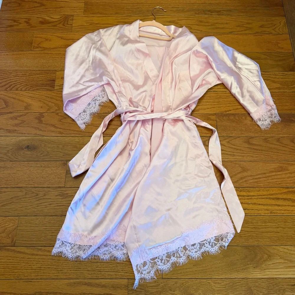 Pink Satin Lace-Trim Robe - Women's Intimates - Picture 1 of 4